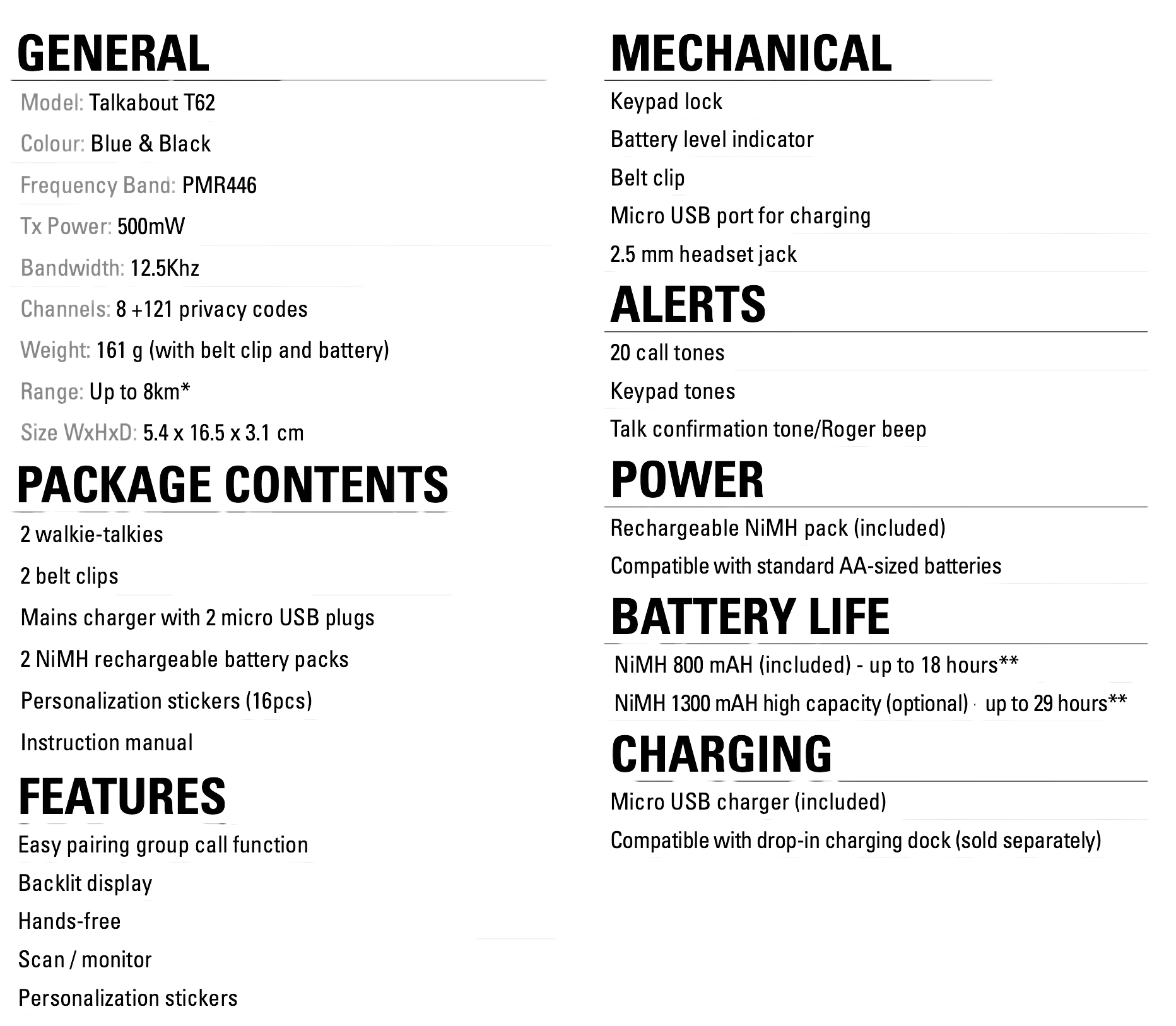 talkabout t62 motorola license free walkie talkie specs