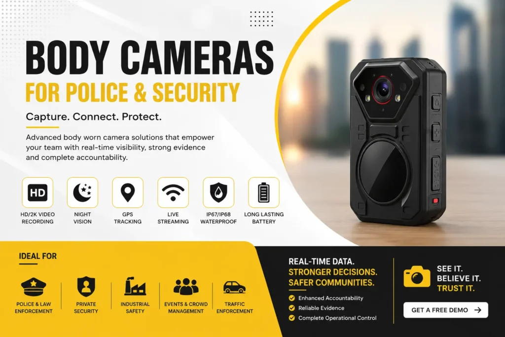 Promotional banner for body cameras with bold text and a black security device on the right; highlights HD recording, GPS tracking, night vision, and long battery life.