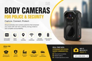 Promotional banner for body cameras with bold text and a black security device on the right; highlights HD recording, GPS tracking, night vision, and long battery life.
