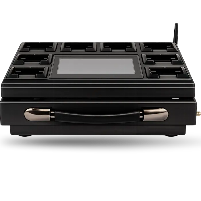 Black electric sandwich press with ridged grill plates and a central display panel on top surface.