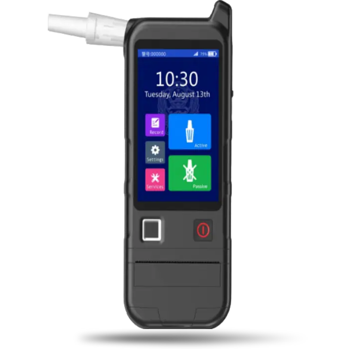Portable handheld breathalyzer with a mouthpiece attached and a colored touchscreen displaying time and app icons.