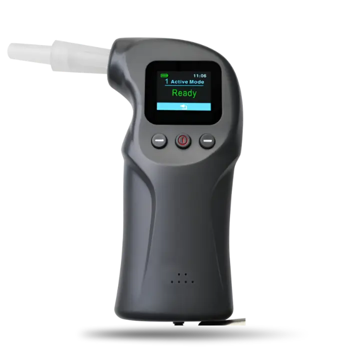 Breathalyzer device with a small screen showing 'Ready' and control buttons below the display.