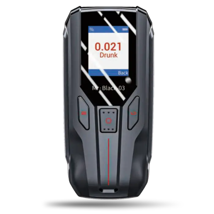 Handheld electronic device with a digital screen showing 0.021 Drunk and a striped black surface design on the display area
