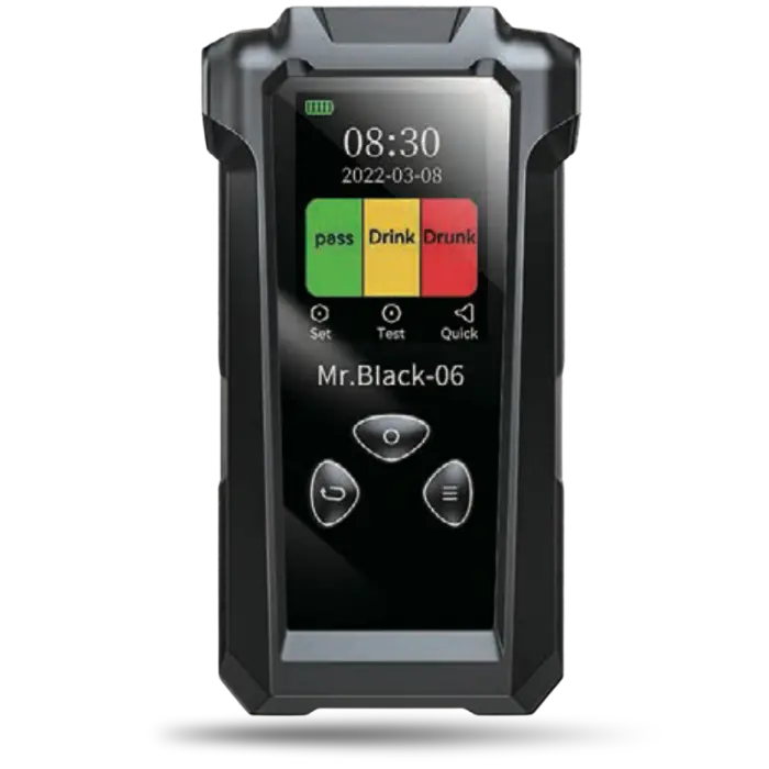 Rugged handheld alcohol tester displaying color-coded pass, drink, drunk indicators on the screen and model 'Mr.Black-06'