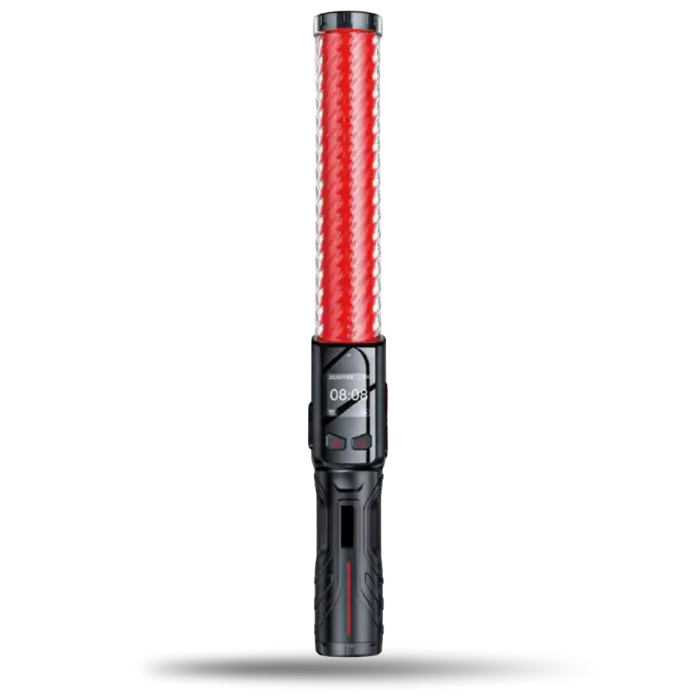 Black hilt lightsaber toy with a glowing red blade, sleek dark grip and control panel on the hilt