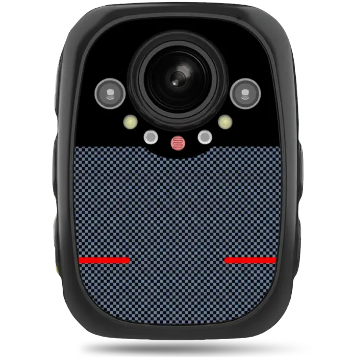 Compact dashboard camera with a large central lens and a blue checkered face, plus small indicator lights above.