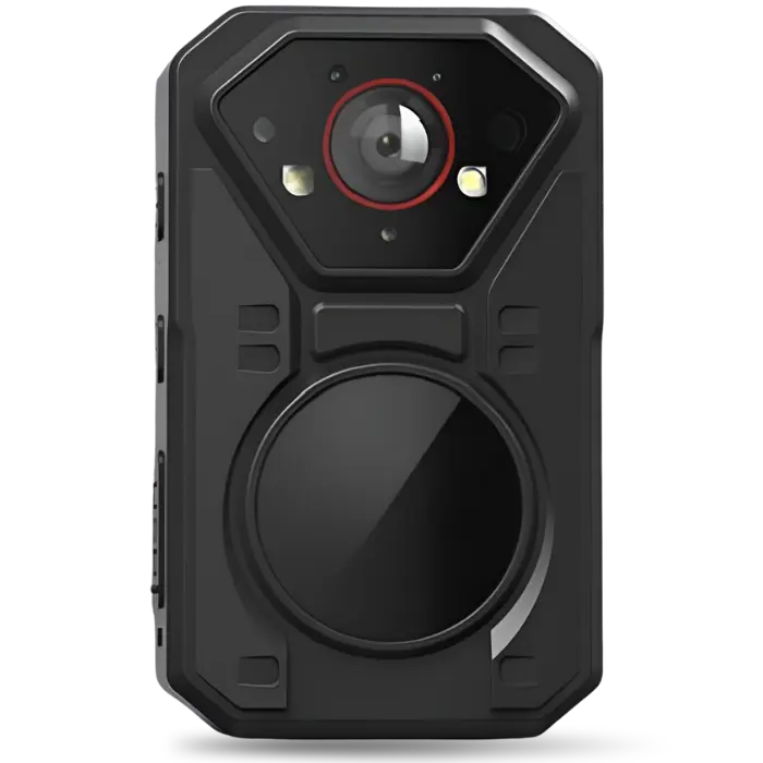 Rugged black body-worn camera with a circular lens at the top (red ring) and a large circular sensor below.