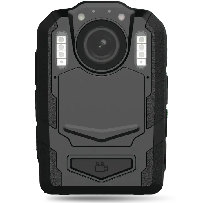 Rugged body-worn camera with a central lens and side LED panels on a dark gray housing.