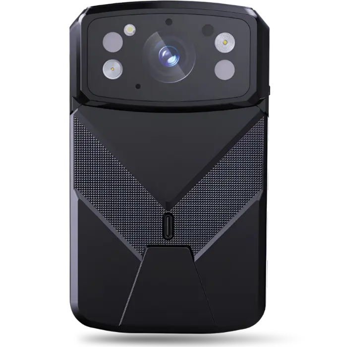 Rugged handheld camera device with a multi-lens top module and textured back panel.