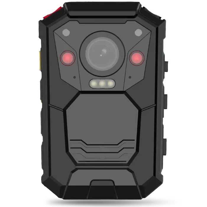 Rugged black handheld camera device with a central circular lens and red status lights on the sides.