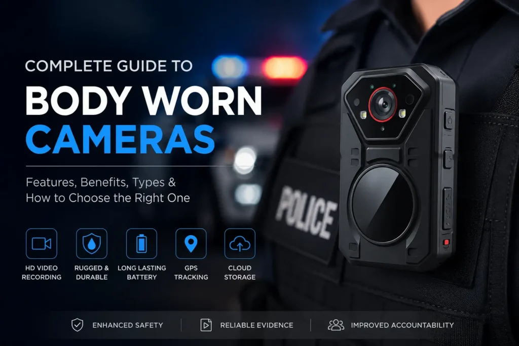 Promotional banner for a complete guide to body-worn cameras; police vest with rugged camera in foreground and blurred siren lights in background.