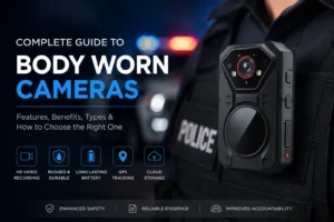 Promotional banner for a complete guide to body-worn cameras; police vest with rugged camera in foreground and blurred siren lights in background.