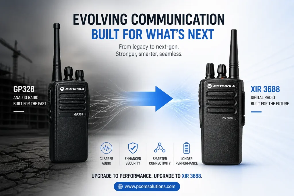 Advertisement showing two Motorola radios (GP328 left, XIR3688 right) with a blue arrow between, promoting upgrade from analog to digital.