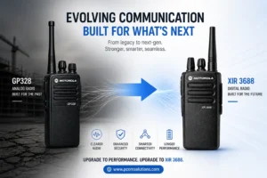 Advertisement showing two Motorola radios (GP328 left, XIR3688 right) with a blue arrow between, promoting upgrade from analog to digital.