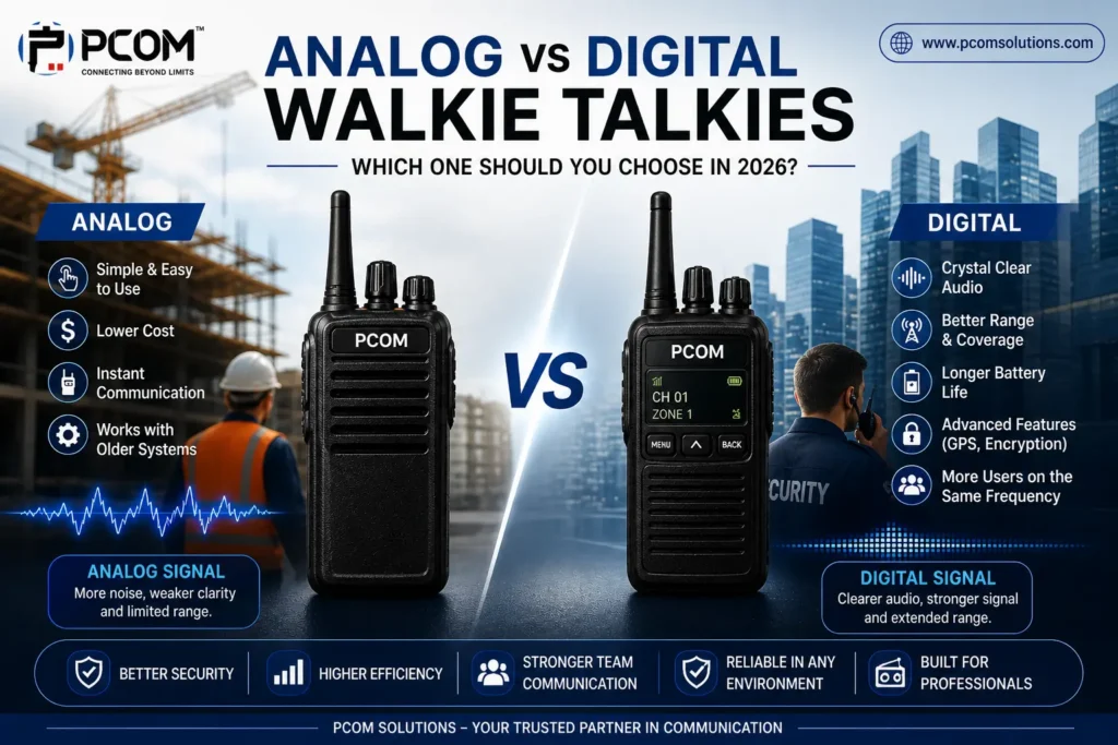 Comparison infographic showing analog vs digital walkie talkies with center 'VS' and construction background, outline of pros on each side.