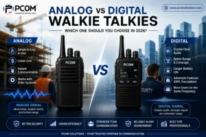 Comparison infographic showing analog vs digital walkie talkies with center 'VS' and construction background, outline of pros on each side.