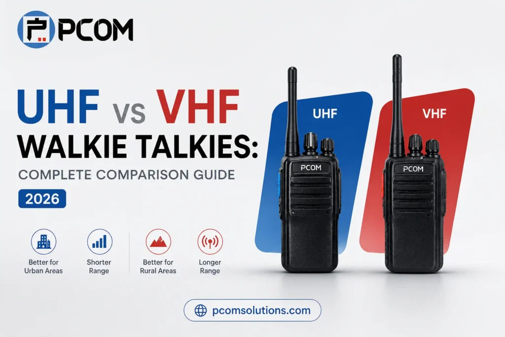 PCOM ad with two walkie talkies labeled UHF and VHF against blue and red panels, promoting a 2026 comparison guide.