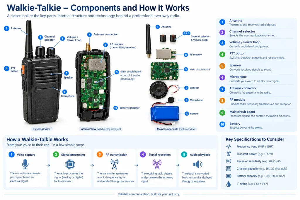 Walkie-Talkie Components Explained - Best Walkie Talkies & Accessories in India | License-Free Radios | P. Com. Solutions Walkie-talkie components and how a professional two-way radio works, including the antenna, RF module, circuit board, battery and signal transmission process.